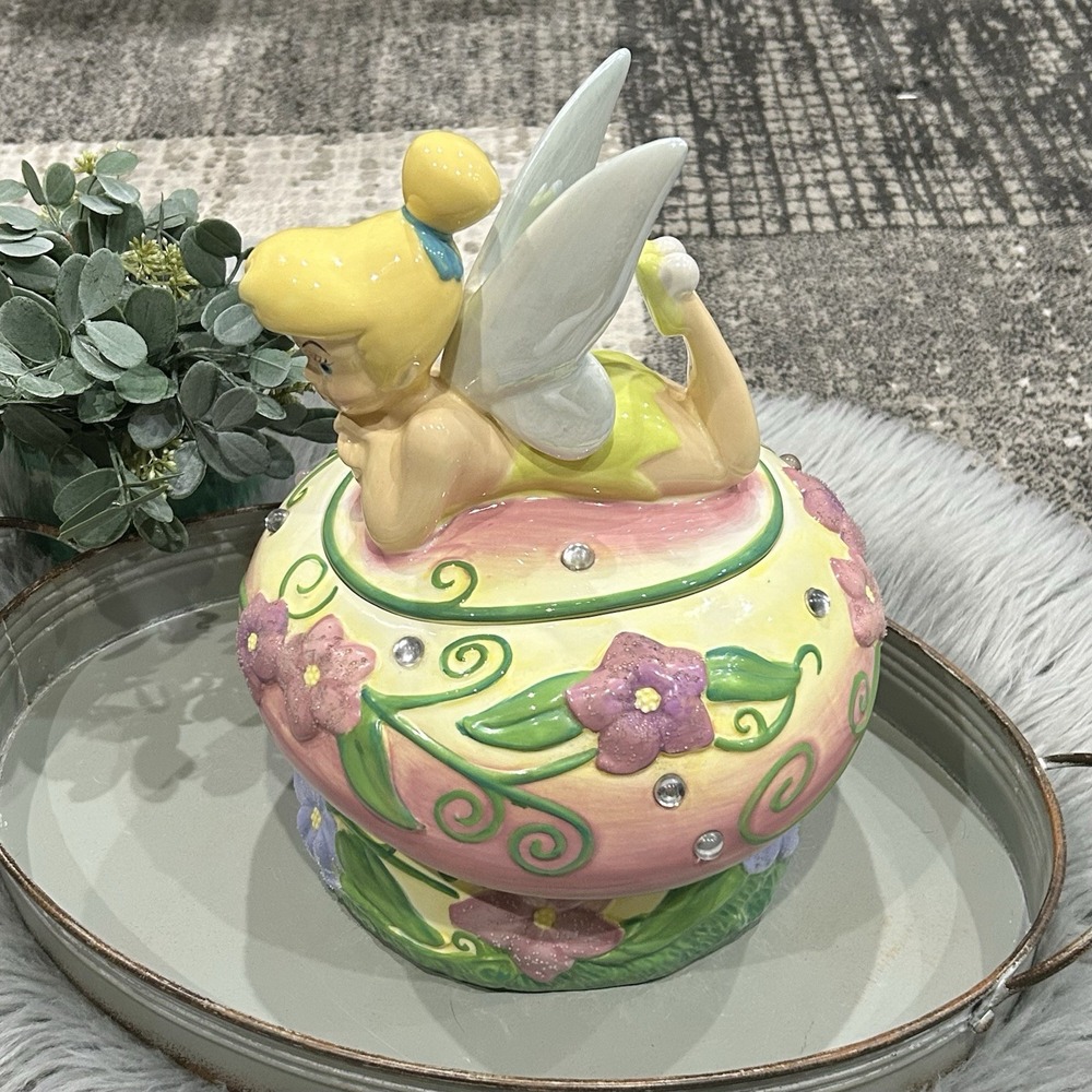 Disney Tinkerbell Mushroom Cookie Jar With Jewels And Flowers Read***